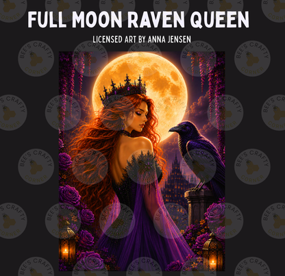 The image is a digital illustration featuring a woman with long red hair wearing a purple dress and a crown, standing in front of a large full moon. A black bird is perched on a pedestal to her right. The background includes a castle and a garden with purple flowers.