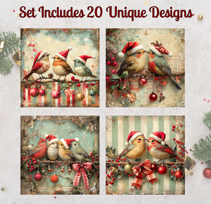 The image is a collage of four pictures featuring birds wearing Santa hats, surrounded by Christmas decorations such as ornaments, ribbons, and tinsel.