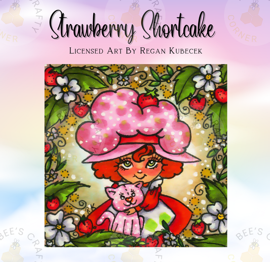 The image is a vibrant illustration of a young girl wearing a pink hat and holding a pink cat, surrounded by a colorful floral background.