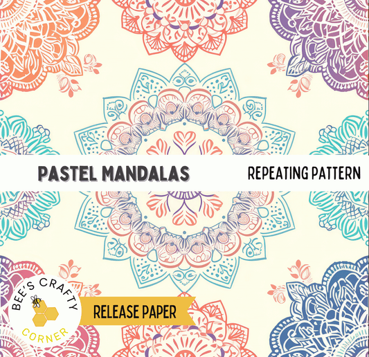 The image is a repeating pattern of pastel mandala designs, featuring intricate floral and geometric motifs in various pastel colors such as pink, orange, blue, and green.