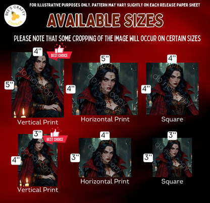 The image is a collage of six images featuring a woman in a red cape, each with different sizes and orientations. The images are labeled with the available sizes, including "4", "5", "4", "4", "3", and "3".