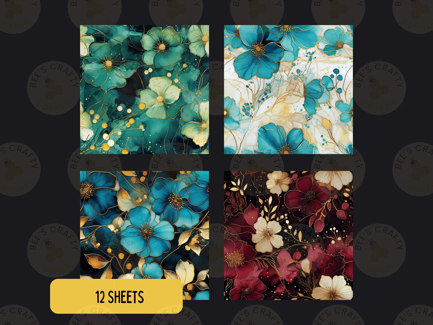 four square images, each with a different floral pattern. The images feature a variety of colors, including blue, green, red, and white flowers. The text "12 SHEETS" is displayed in the bottom left corner, indicating that there are a total of 12 images in the collage.