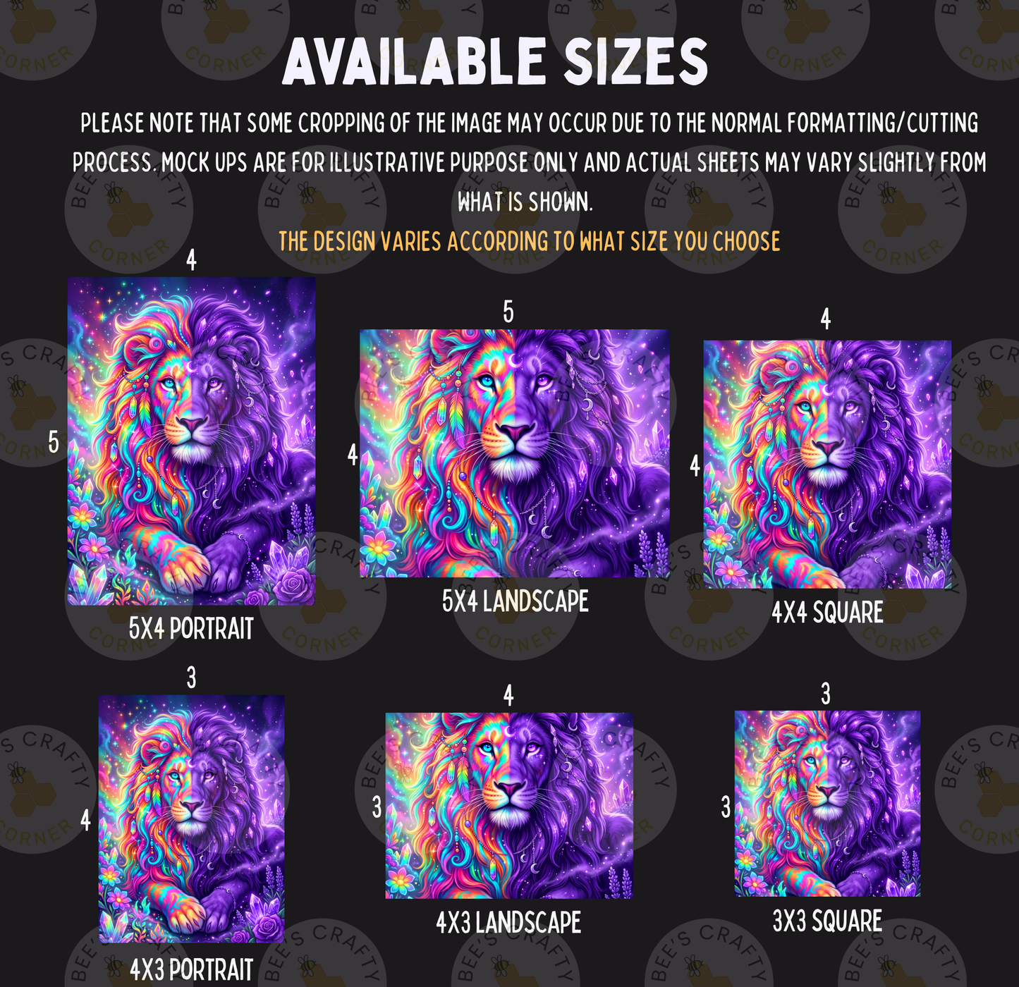 a variety of artistic representations of a lion, including different sizes and perspectives. The lion is depicted in a vibrant, colorful style, with its mane and tail adorned with intricate patterns and designs. The images showcase the lion in various settings, such as landscapes, portraits, and square images. The available sizes range from small to large, allowing for customization based on the user's preferences.