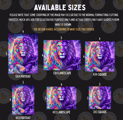 a variety of artistic representations of a lion, including different sizes and perspectives. The lion is depicted in a vibrant, colorful style, with its mane and tail adorned with intricate patterns and designs. The images showcase the lion in various settings, such as landscapes, portraits, and square images. The available sizes range from small to large, allowing for customization based on the user's preferences.