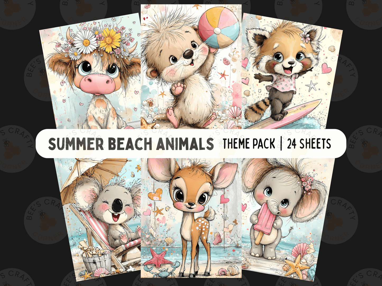 The image is a theme pack of 24 colorful illustrations depicting various summer beach animals, including a cow, a bear, a raccoon, a koala, a deer, and an elephant.