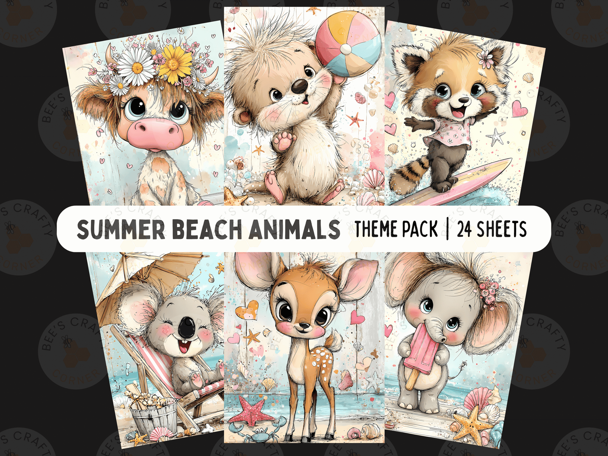 The image is a theme pack of 24 colorful illustrations depicting various summer beach animals, including a cow, a bear, a raccoon, a koala, a deer, and an elephant.