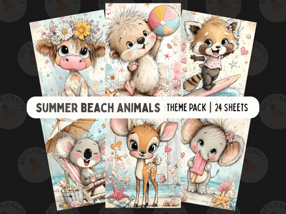 The image is a theme pack of 24 colorful illustrations depicting various summer beach animals, including a cow, a bear, a raccoon, a koala, a deer, and an elephant.