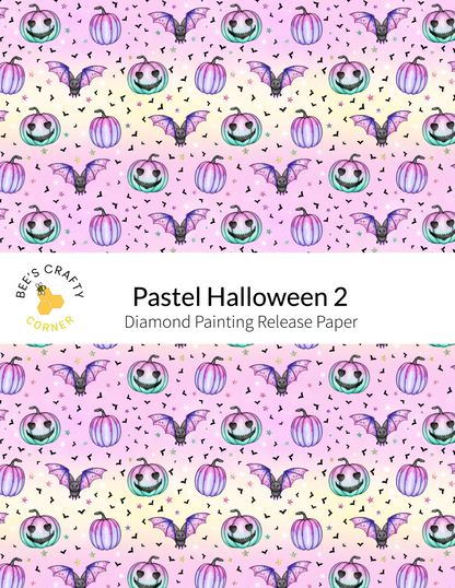 The image is a repeating pattern of Halloween-themed pumpkins, bats, and bats against a pink background with scattered stars.
