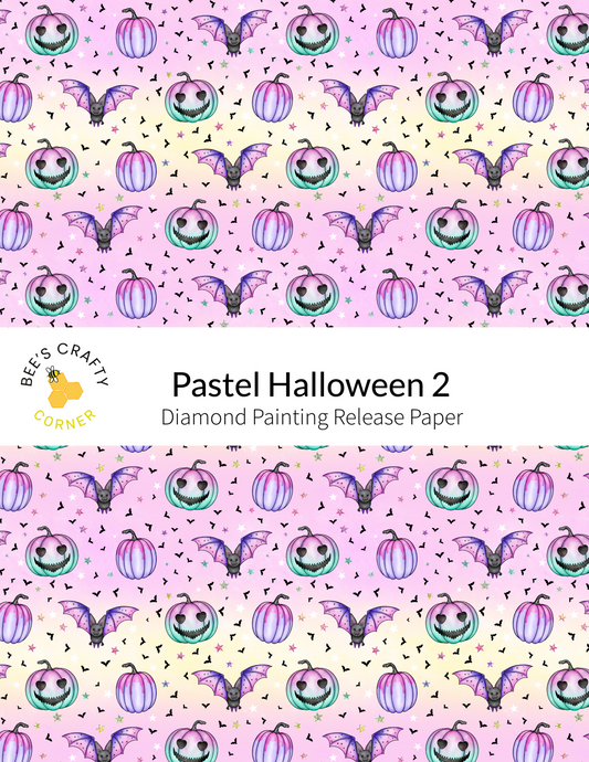 The image is a repeating pattern of Halloween-themed pumpkins, bats, and bats against a pink background with scattered stars.