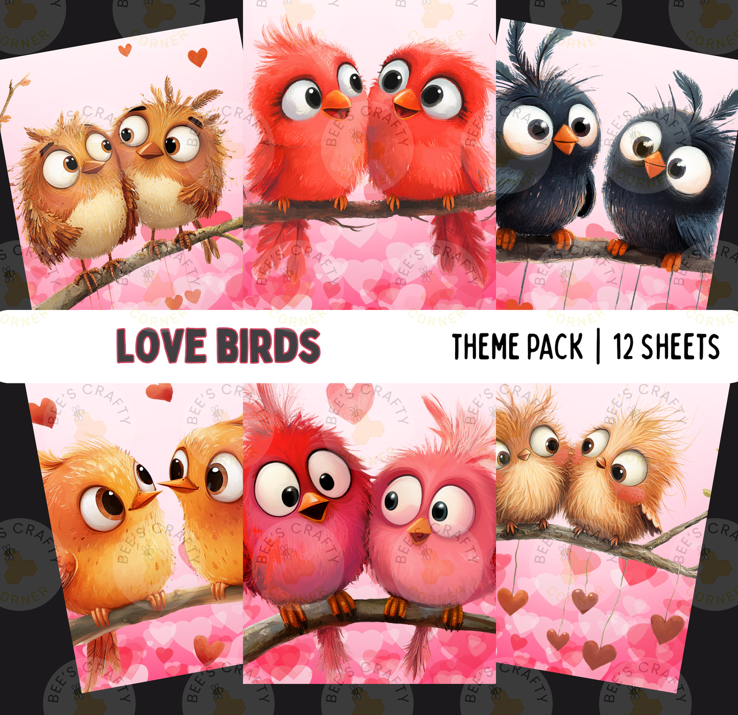 The image is a theme pack containing 12 sheets of illustrations featuring colorful cartoon birds perched on branches.