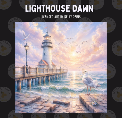 a serene coastal scene with a lighthouse standing on a pier, surrounded by a flock of seagulls flying overhead. The sky is filled with clouds, and the sun is setting, casting a warm glow over the scene. The lighthouse and the pier are the focal points of the image, with the seagulls adding a sense of movement and life to the scene.