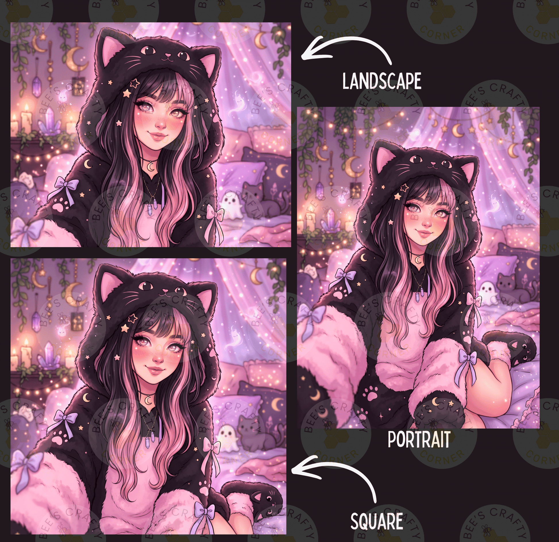 The image is a collage of three images depicting a young woman with long, dark hair wearing a cat-themed outfit, including a hooded jacket and cat ears. The images are labeled as "Landscape" and "Portrait" and are shown in different settings, such as a bedroom and a park.