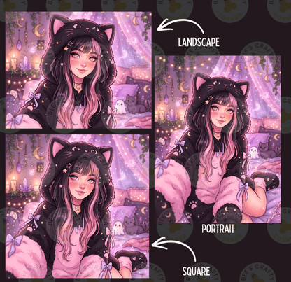 The image is a collage of three images depicting a young woman with long, dark hair wearing a cat-themed outfit, including a hooded jacket and cat ears. The images are labeled as "Landscape" and "Portrait" and are shown in different settings, such as a bedroom and a park.