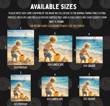 The image is a collage of six different sizes of the same beach scene, featuring a young boy playing in the sand and water.