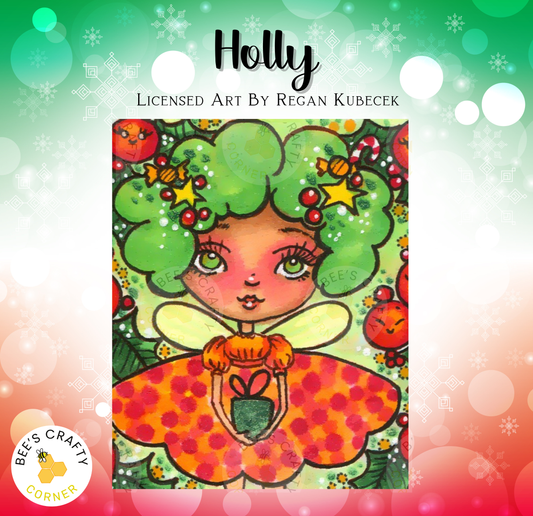 The image is a colorful illustration of a fairy with green hair and a red dress, surrounded by various holiday-themed elements such as flowers, stars, and snowflakes.