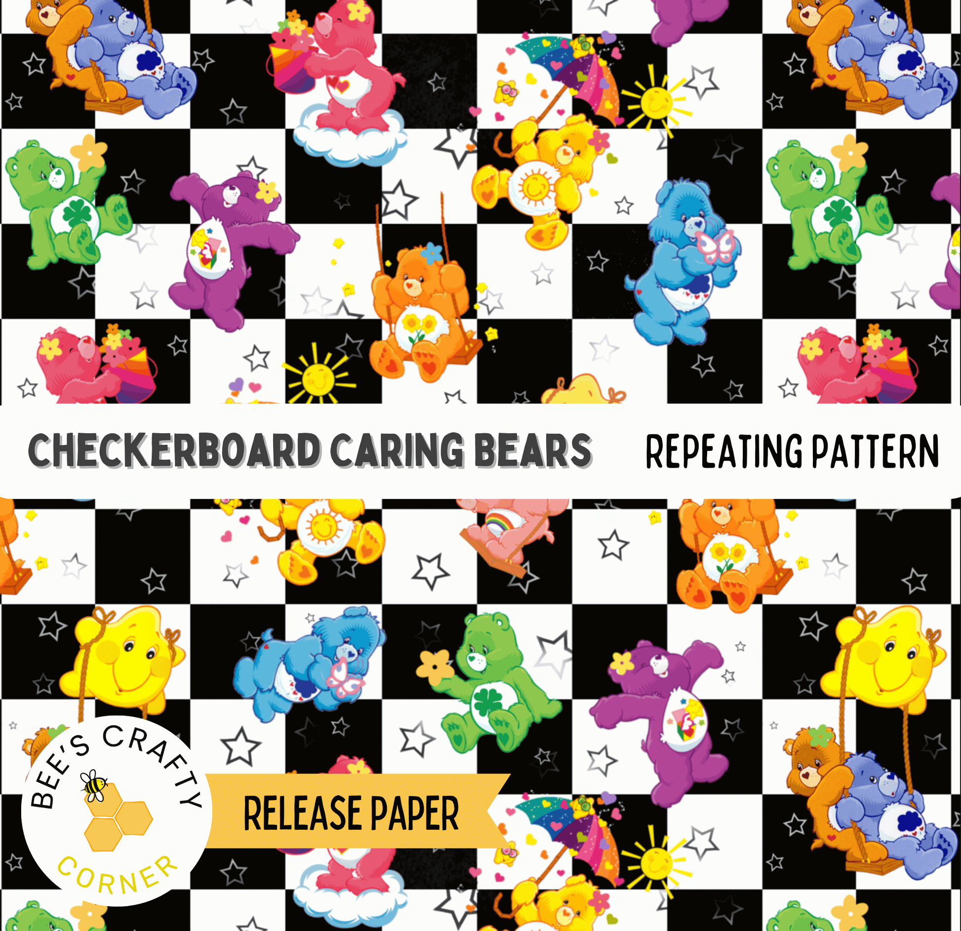 The image is a repeating pattern of various colorful cartoon bears on a black and white checkered background.