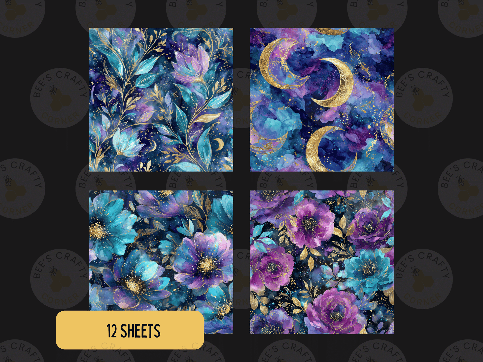 a collection of four square images, each featuring a different floral pattern in various colors and designs. The images include a floral pattern with blue and purple flowers, a crescent moon and starry night sky, a floral pattern with blue and purple flowers, and a floral pattern with purple and blue flowers.