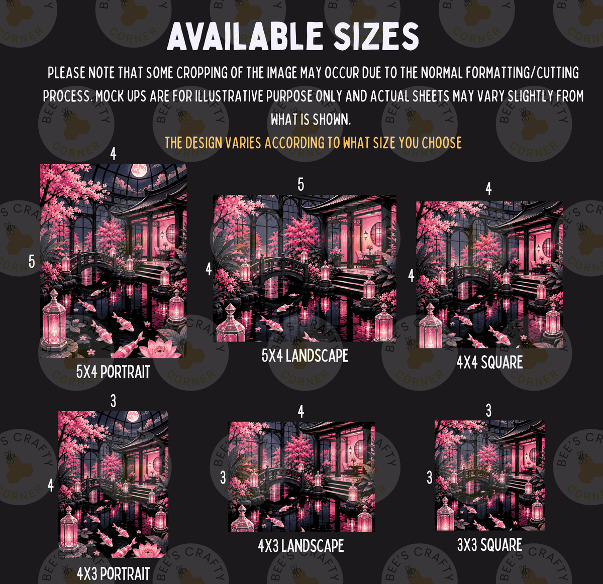 The image is a collage of six different images, each depicting a different size of the same scene, which appears to be a nighttime landscape with pink and purple elements. The images vary in size, ranging from 5x4 to 5x3, and are arranged in a grid format. The text above the images provides information about the sizes available, but does not describe each individual image. The image does not contain any text that can be described in more detail.