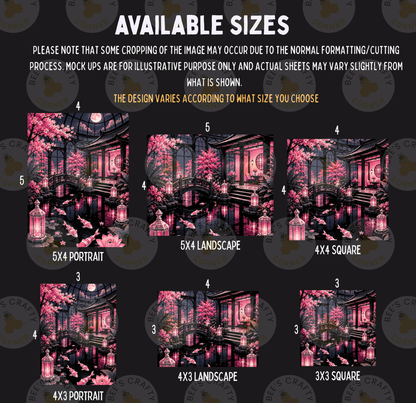The image is a collage of six different images, each depicting a different size of the same scene, which appears to be a nighttime landscape with pink and purple elements. The images vary in size, ranging from 5x4 to 5x3, and are arranged in a grid format. The text above the images provides information about the sizes available, but does not describe each individual image. The image does not contain any text that can be described in more detail.