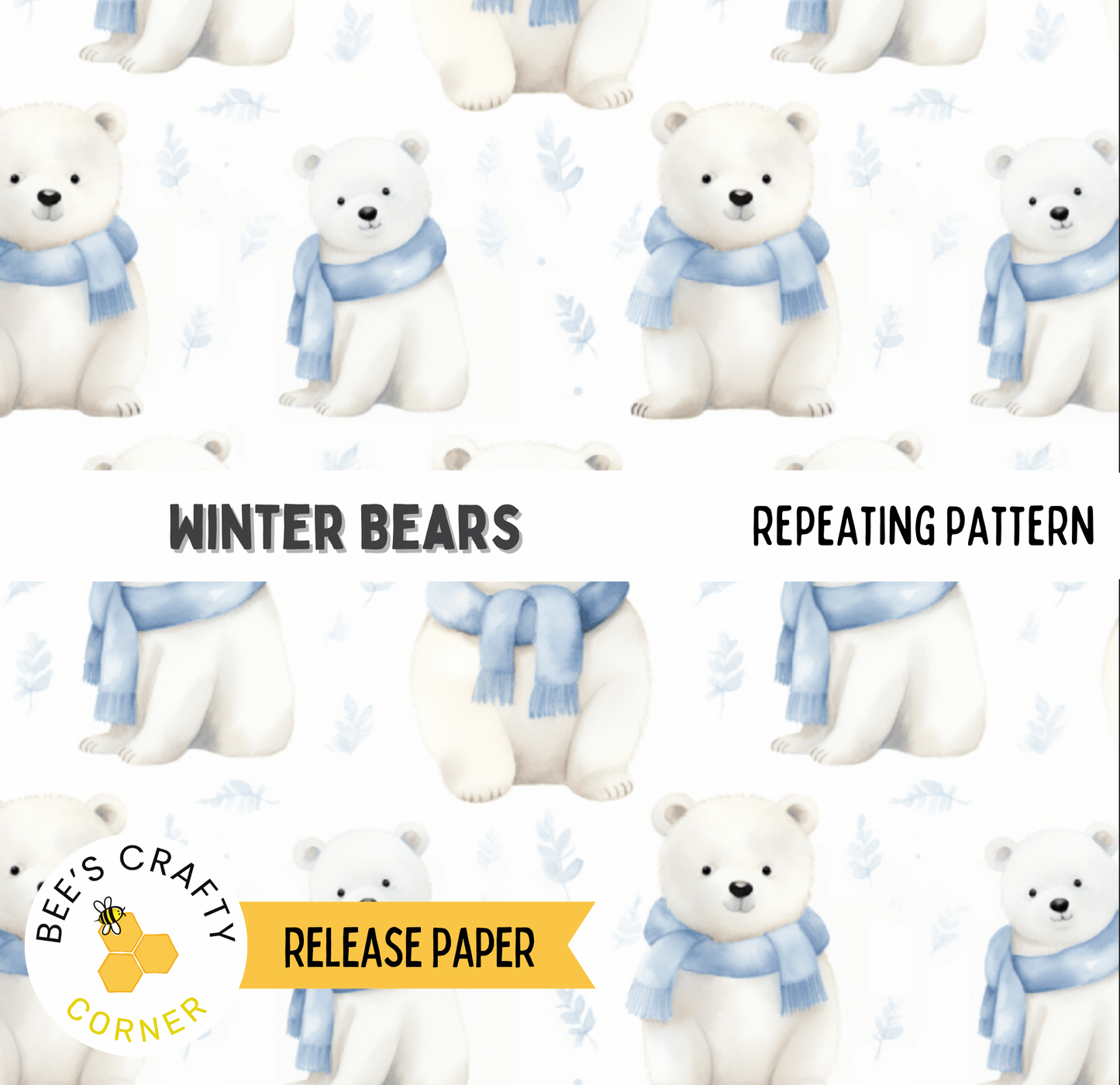 a repeating pattern of white polar bears wearing blue scarves against a white background.