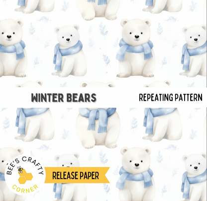 a repeating pattern of white polar bears wearing blue scarves against a white background.