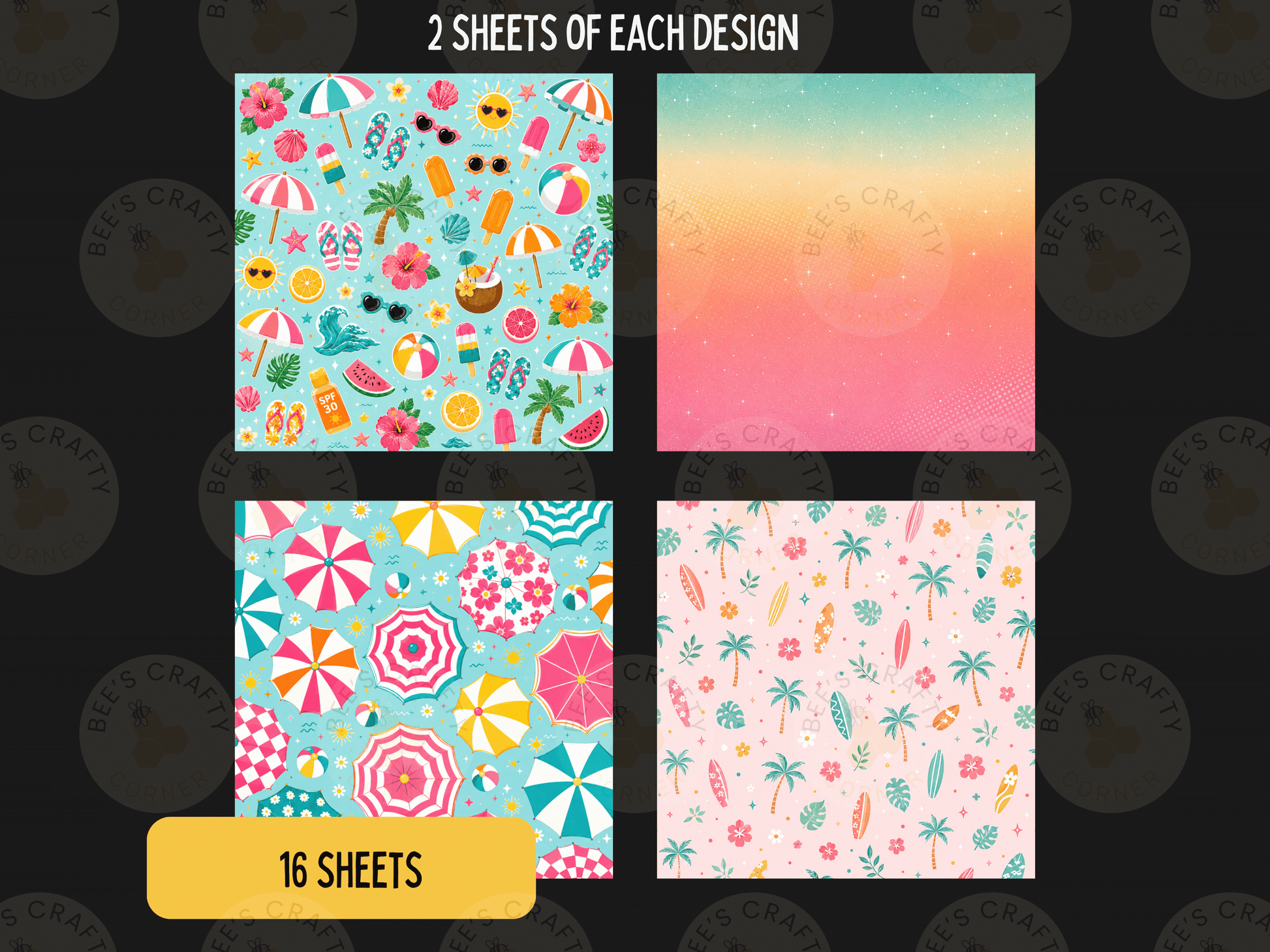 four different designs, each with 16 sheets, arranged in a 2x4 grid. The designs include various beach-themed elements such as umbrellas, sunglasses, watermelon, and palm trees.