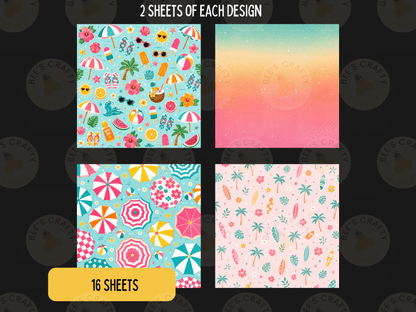 four different designs, each with 16 sheets, arranged in a 2x4 grid. The designs include various beach-themed elements such as umbrellas, sunglasses, watermelon, and palm trees.