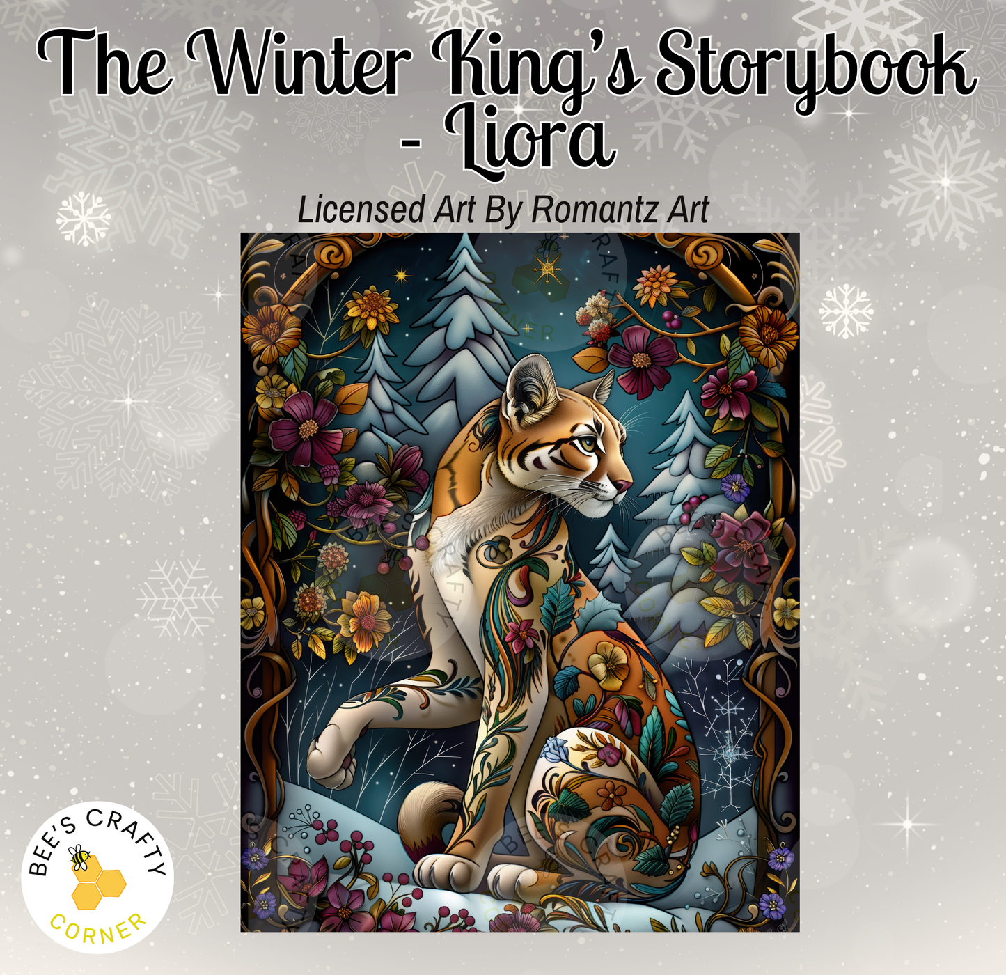 The image is a vibrant illustration of a tiger surrounded by a snowy forest scene, with flowers and trees in the background.