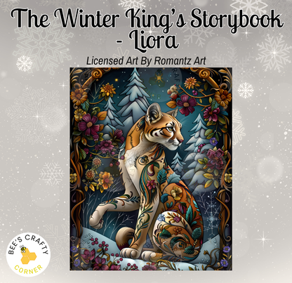 The image is a vibrant illustration of a tiger surrounded by a snowy forest scene, with flowers and trees in the background.