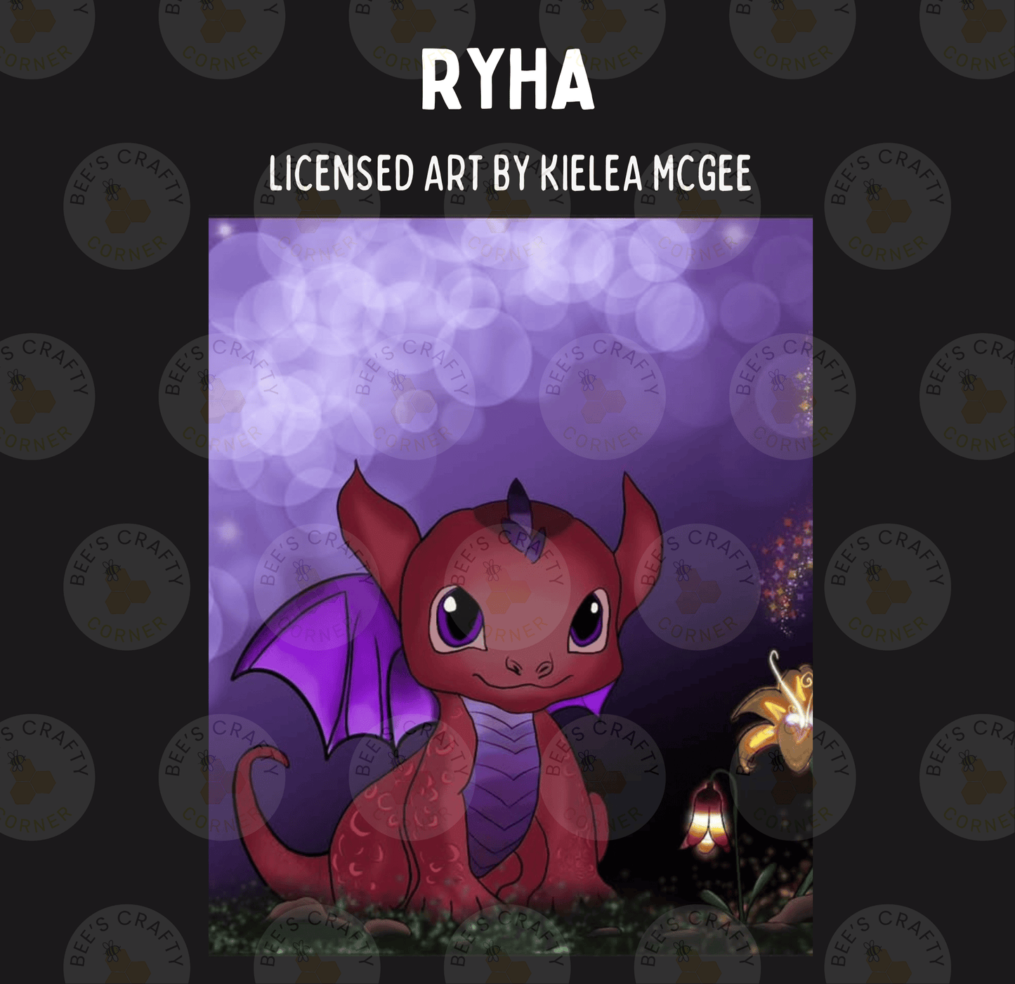 The image is a digital illustration featuring a red dragon with purple wings, sitting on a grassy surface and looking at the camera.
