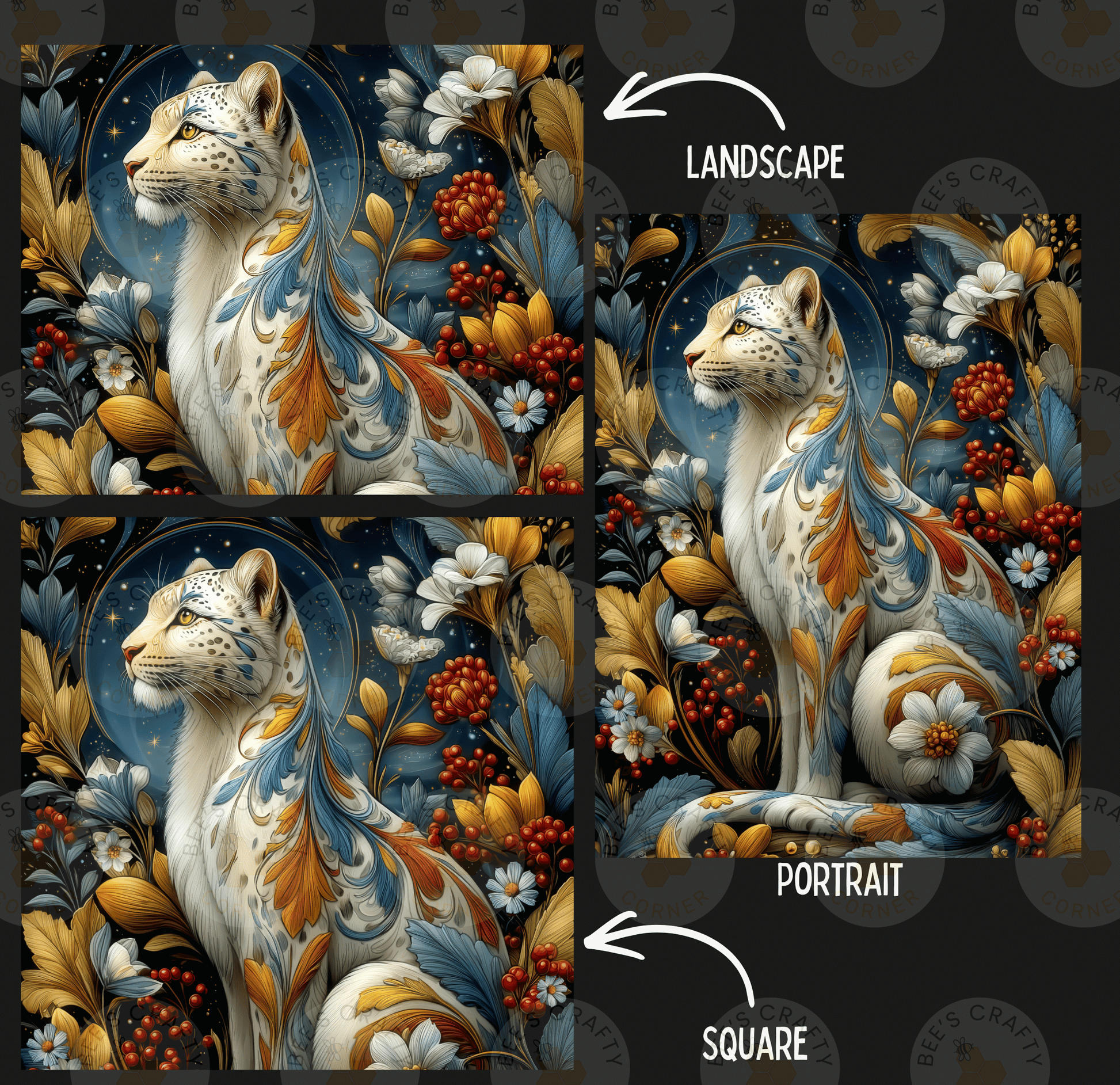 The image is a collage of three images depicting a landscape and a portrait of a cat. The landscape image shows a white cat surrounded by a colorful, intricate floral and leaf pattern, while the portrait image features the same cat in a more detailed and detailed style.