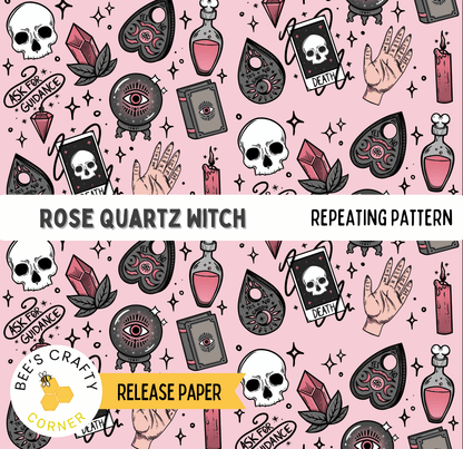 The image is a repeating pattern of various Halloween-themed symbols and objects, including skulls, crystals, candles, and spells, against a pink background.