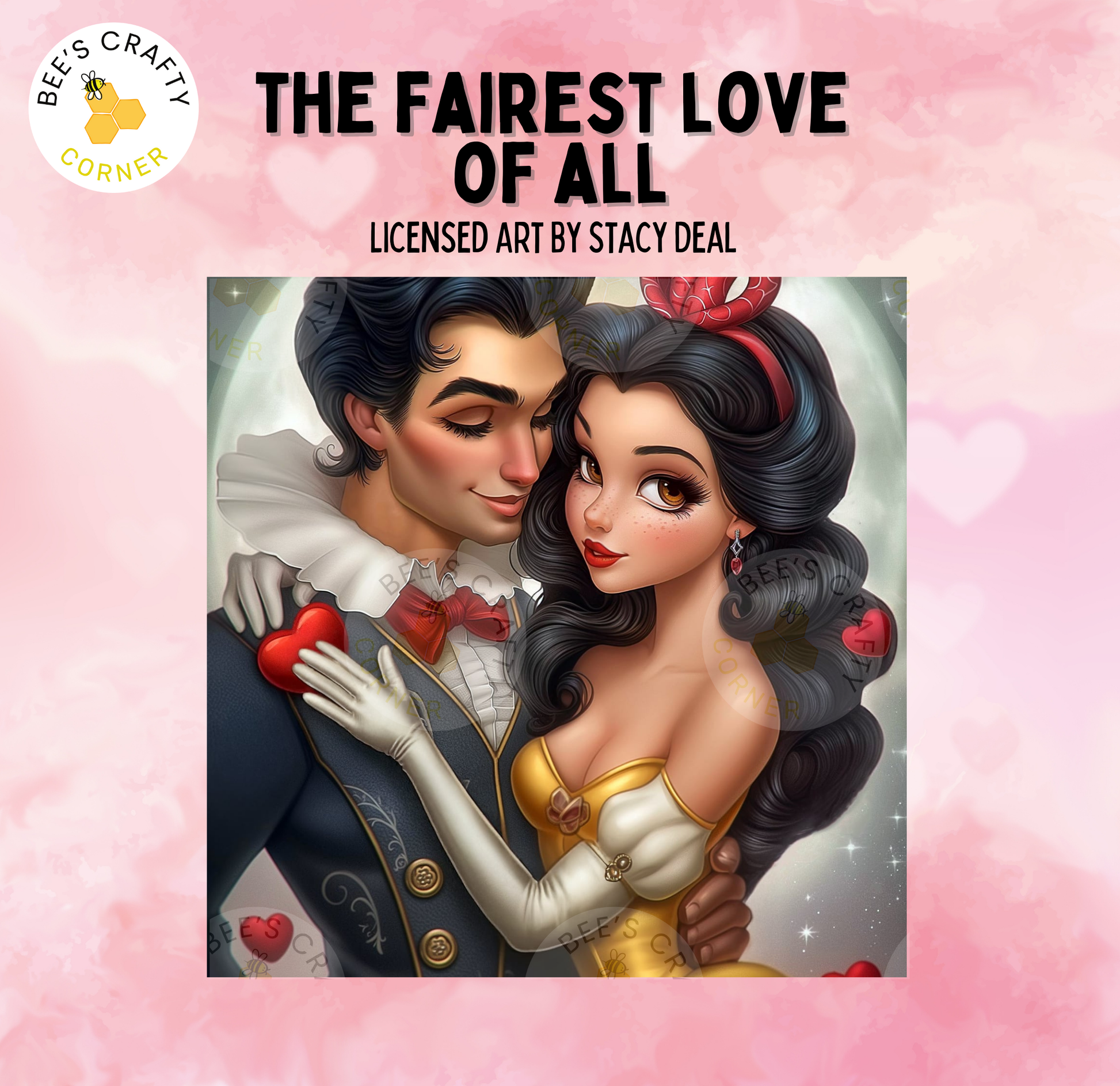 The image is a digital illustration featuring a man and a woman in an intimate embrace, with the woman holding a red heart. The background is a pink color with a starry night sky visible.