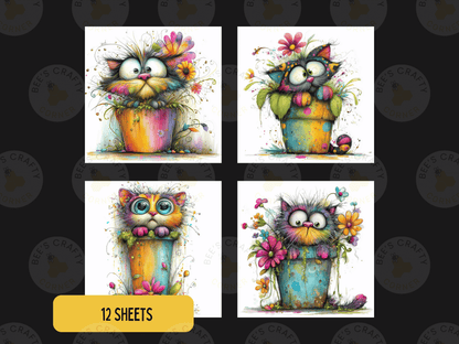 The image is a collage of four colorful and whimsical illustrations of cats in flower pots, each with unique features and expressions.