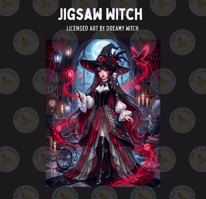 The image is a digital illustration featuring a female witch with long hair and a black hat, surrounded by a mystical and fantastical atmosphere.