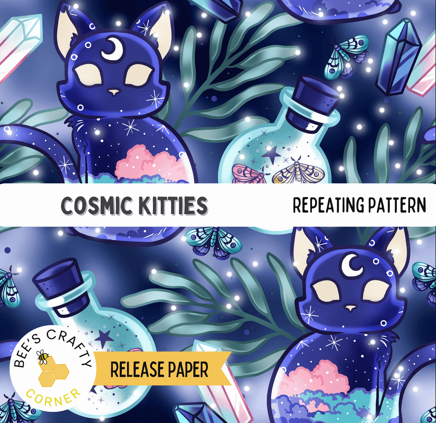 The image is a repeating pattern featuring cosmic kittens and bottles with stars and butterflies.