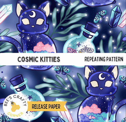 The image is a repeating pattern featuring cosmic kittens and bottles with stars and butterflies.