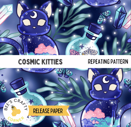 The image is a repeating pattern featuring cosmic kittens and bottles with stars and butterflies.