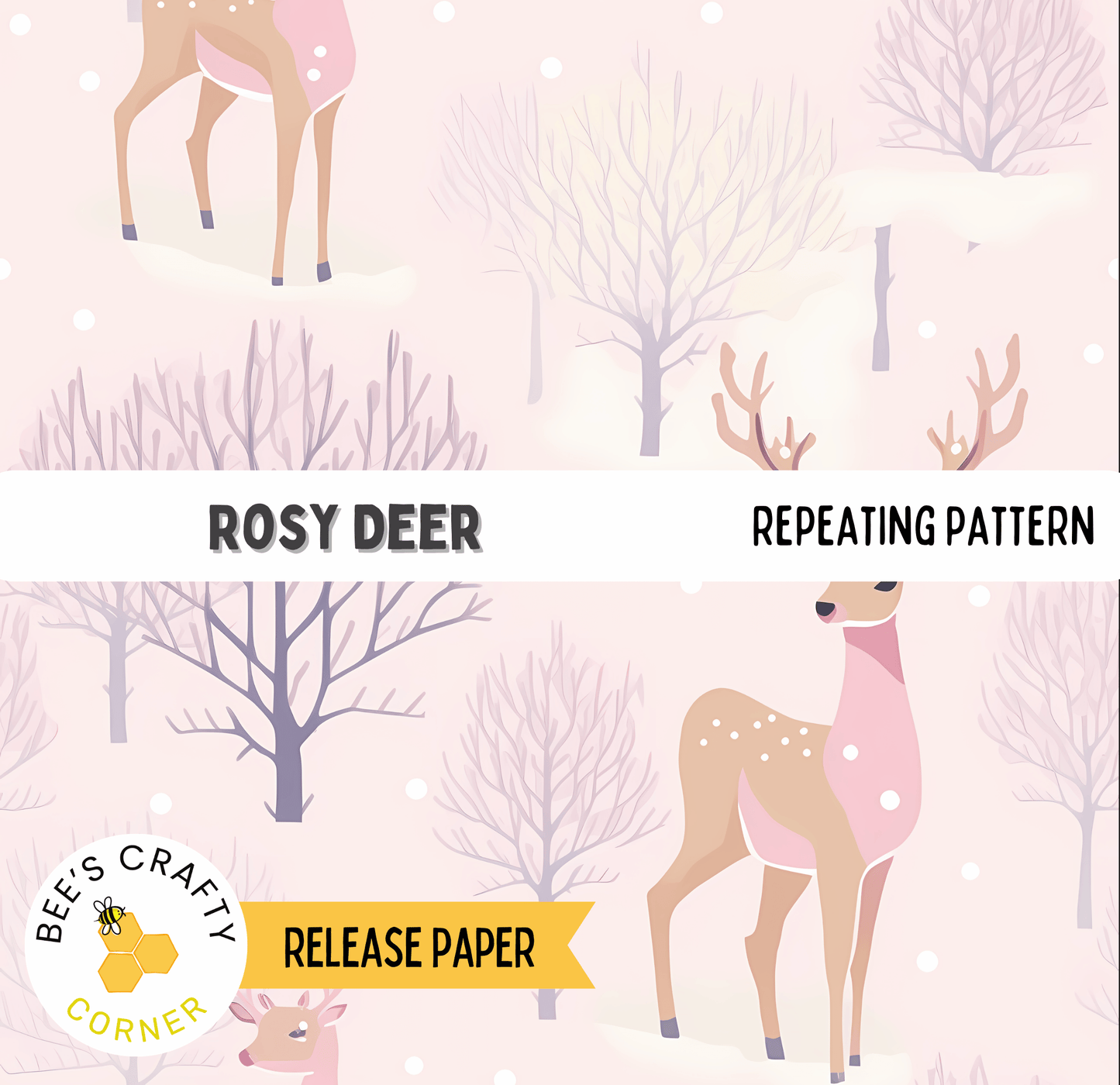 The image is a repeating pattern featuring a pink deer and a tree with snow on it, along with other deer and trees.