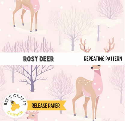 The image is a repeating pattern featuring a pink deer and a tree with snow on it, along with other deer and trees.