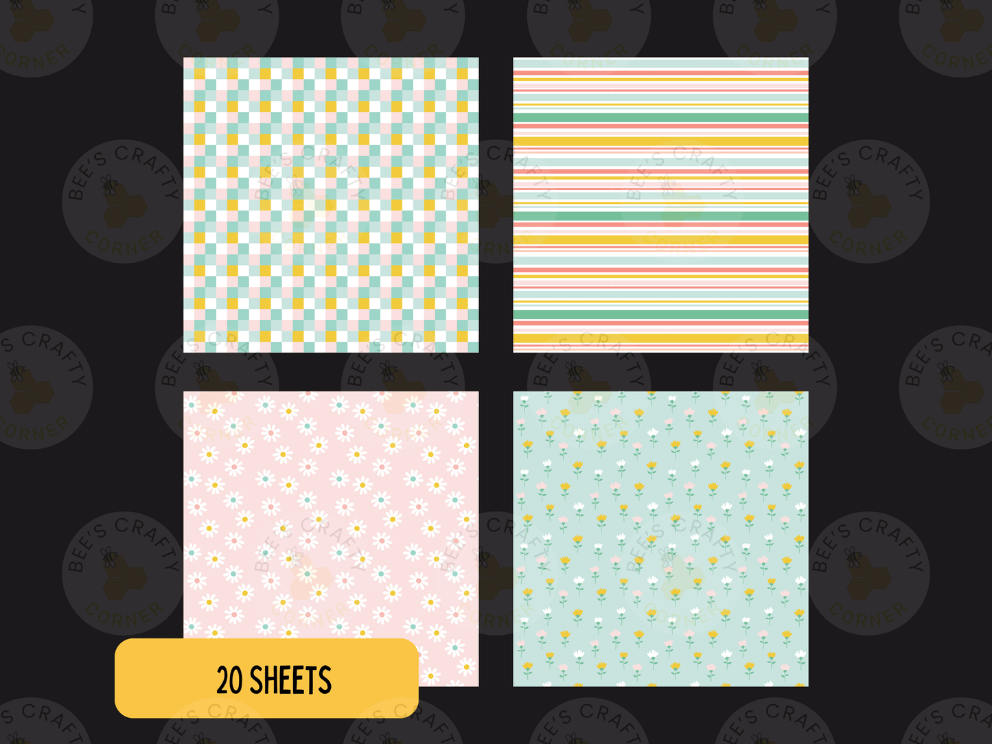four different patterns, each with a unique design, displayed against a black background.