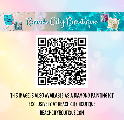 The image is available as a diamond painting kit exclusively at Beach City Boutique.