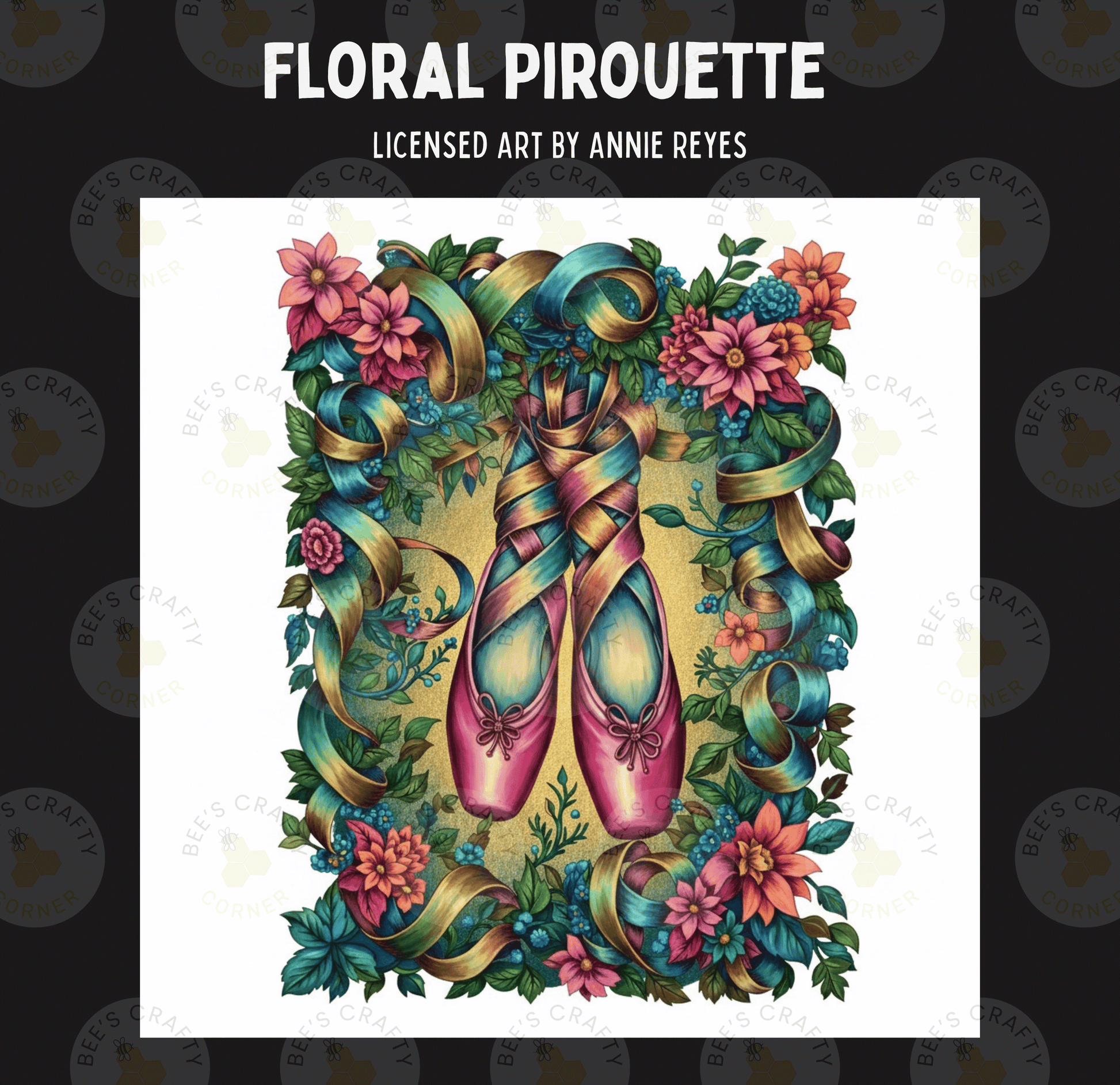 The image is a vibrant and colorful illustration of a pair of ballet shoes, surrounded by a lush floral arrangement.