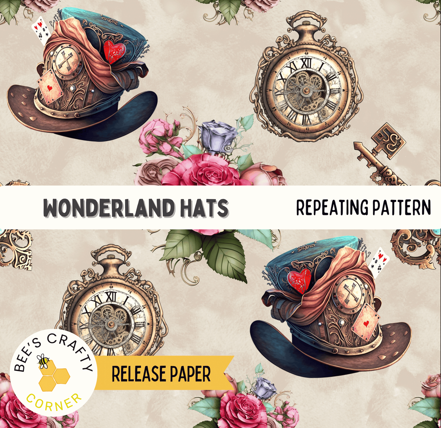 The image is a repeating pattern of whimsical hats and clocks, featuring floral elements and ornate designs.
