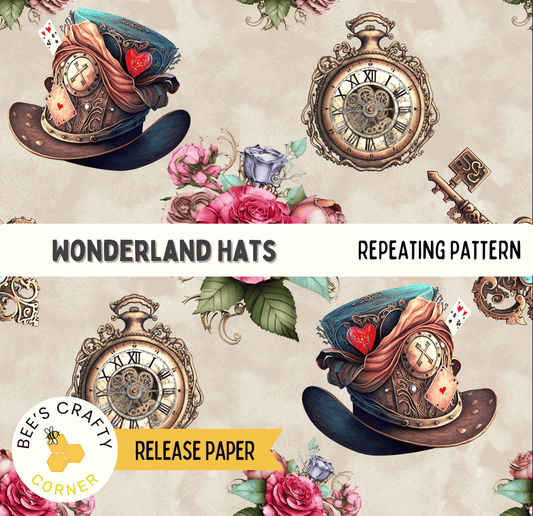 The image is a repeating pattern of whimsical hats and clocks, featuring floral elements and ornate designs.