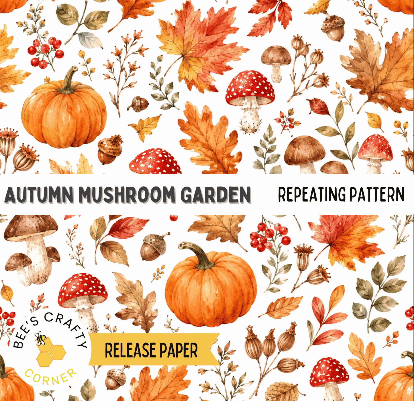 The image is a repeating pattern of autumn-themed elements, including pumpkins, mushrooms, leaves, berries, and acorns, all set against a white background.
