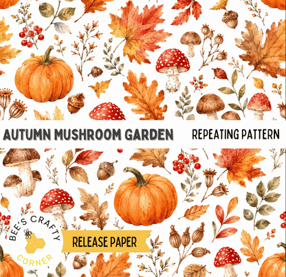The image is a repeating pattern of autumn-themed elements, including pumpkins, mushrooms, leaves, berries, and acorns, all set against a white background.