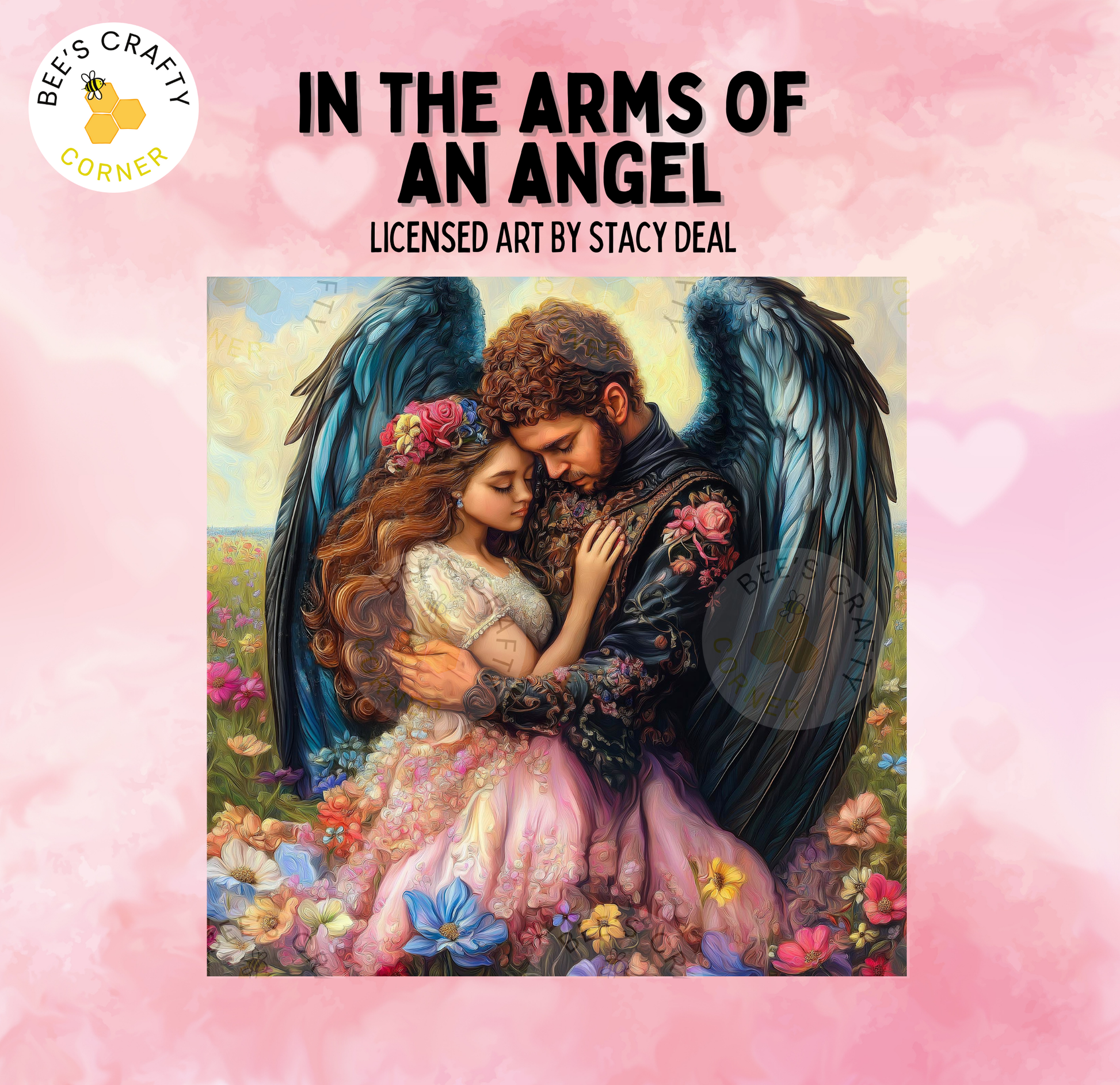 The image is a painting depicting a couple embracing in a romantic embrace, surrounded by a colorful floral background.