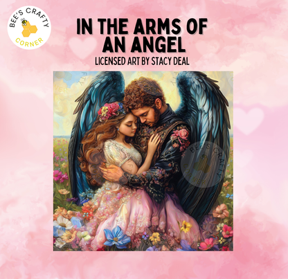 The image is a painting depicting a couple embracing in a romantic embrace, surrounded by a colorful floral background.