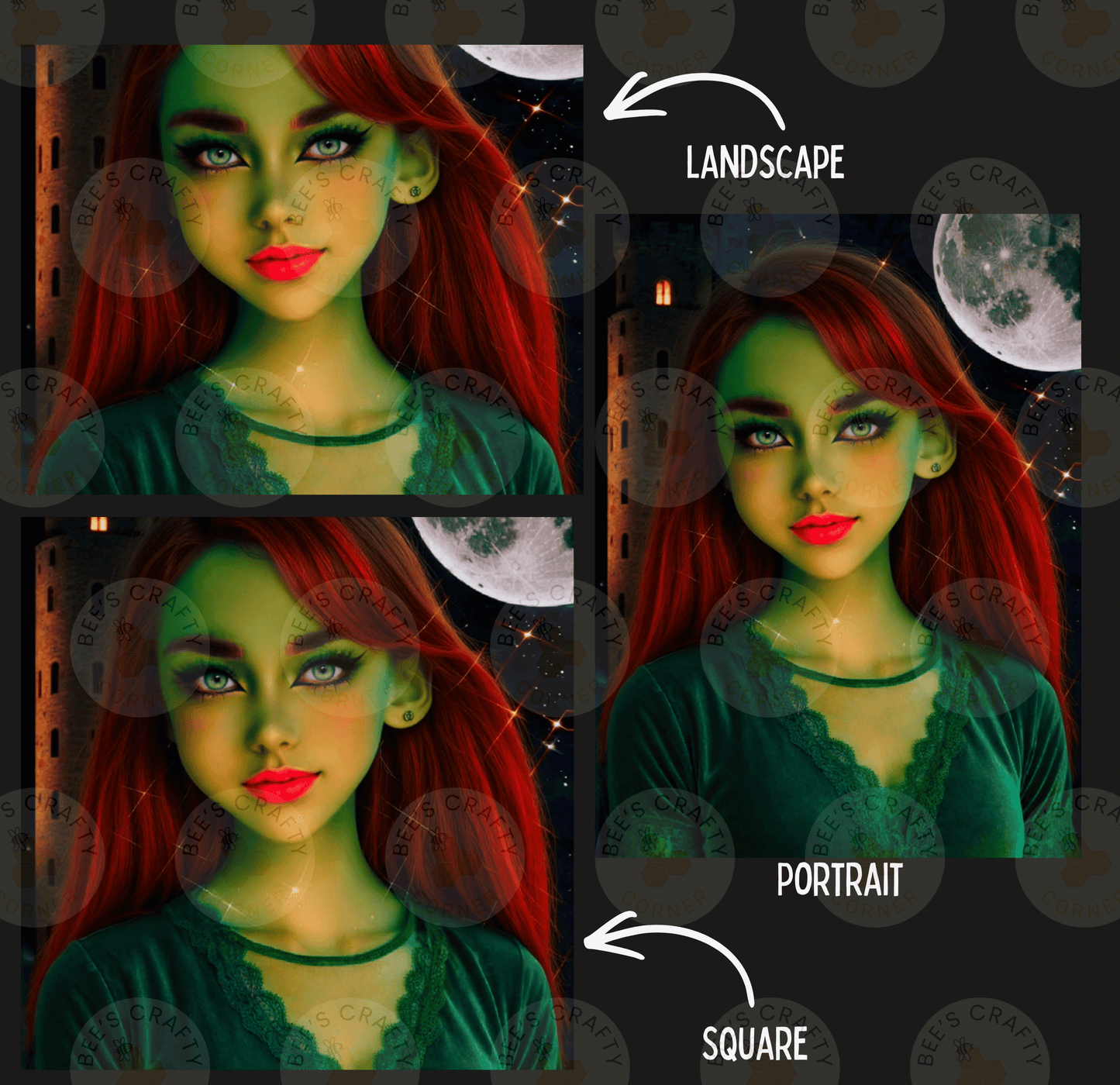The image is a collage of three images depicting a woman with red hair and green skin against a backdrop of a night sky with a full moon and stars. The images are labeled as "LAWSCASE" and "PORTRAIT" to indicate the different artistic styles used.